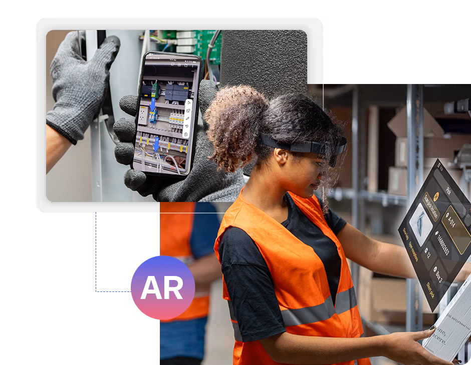 Field technician following AR workflow steps on a rugged industrial tablet