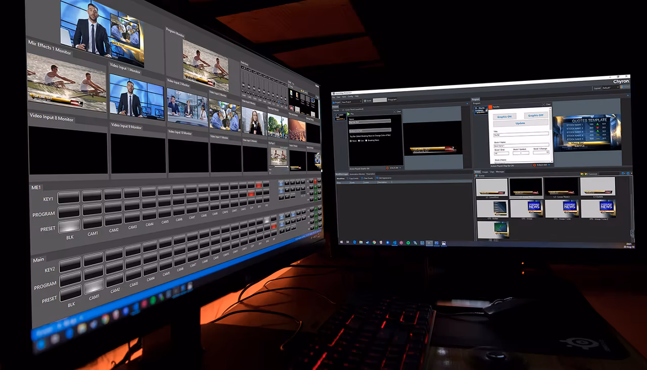 ChyronHego broadcast control room with live sports graphics overlays
